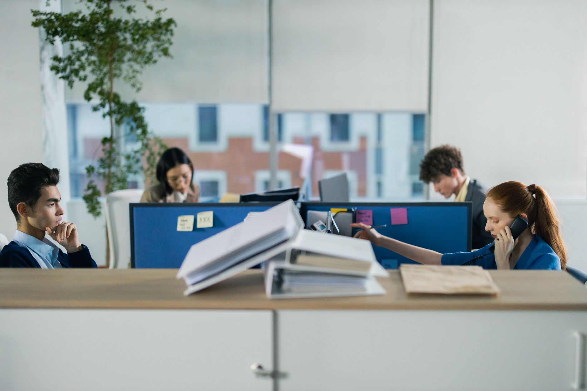 Contemporary office setting with diverse employees working diligently at their cubicles.