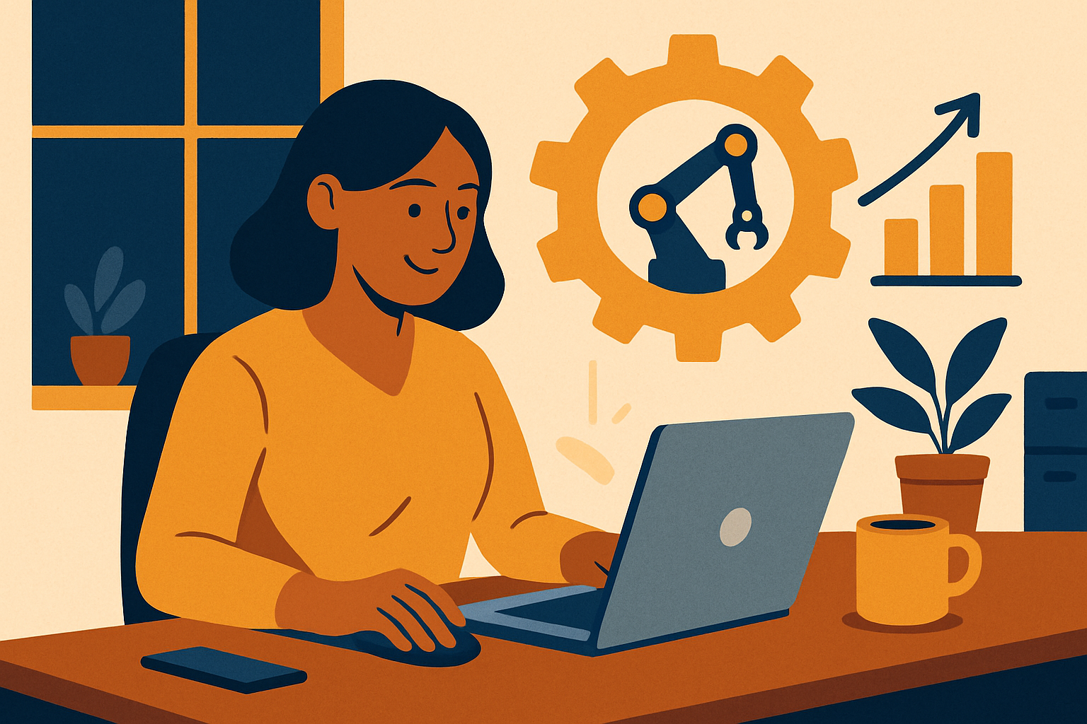 A cozy workspace featuring a laptop, coffee cup, and artificial flowers, ideal for remote work.