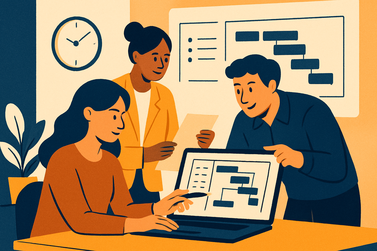 Professional team engaged in a business presentation with laptops and a projector screen.